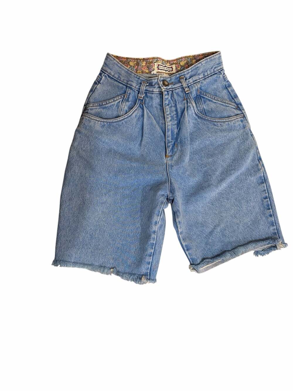 Vintage Mixed Blues High Waisted Pleated Denim Shorts with Floral Waistband
